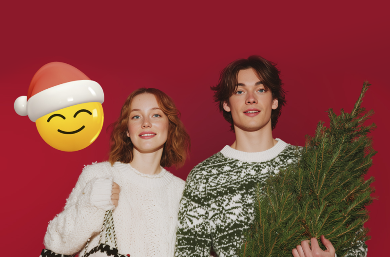 Dwie młode osoby, dziewczyna i chłopak, który trzyma w ręku choinkę i oboję patrzą prosto w obiektyw. Po lewej stronie dodana zółta uśmiechnięta emotikona z czapką świętego mikołaja.